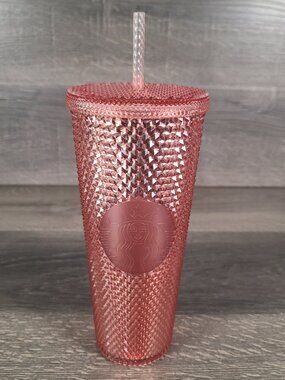 Starbucks Rose Gold Iridescent Sparkle Studded Bling Cold Cup Tumbler 24 oz